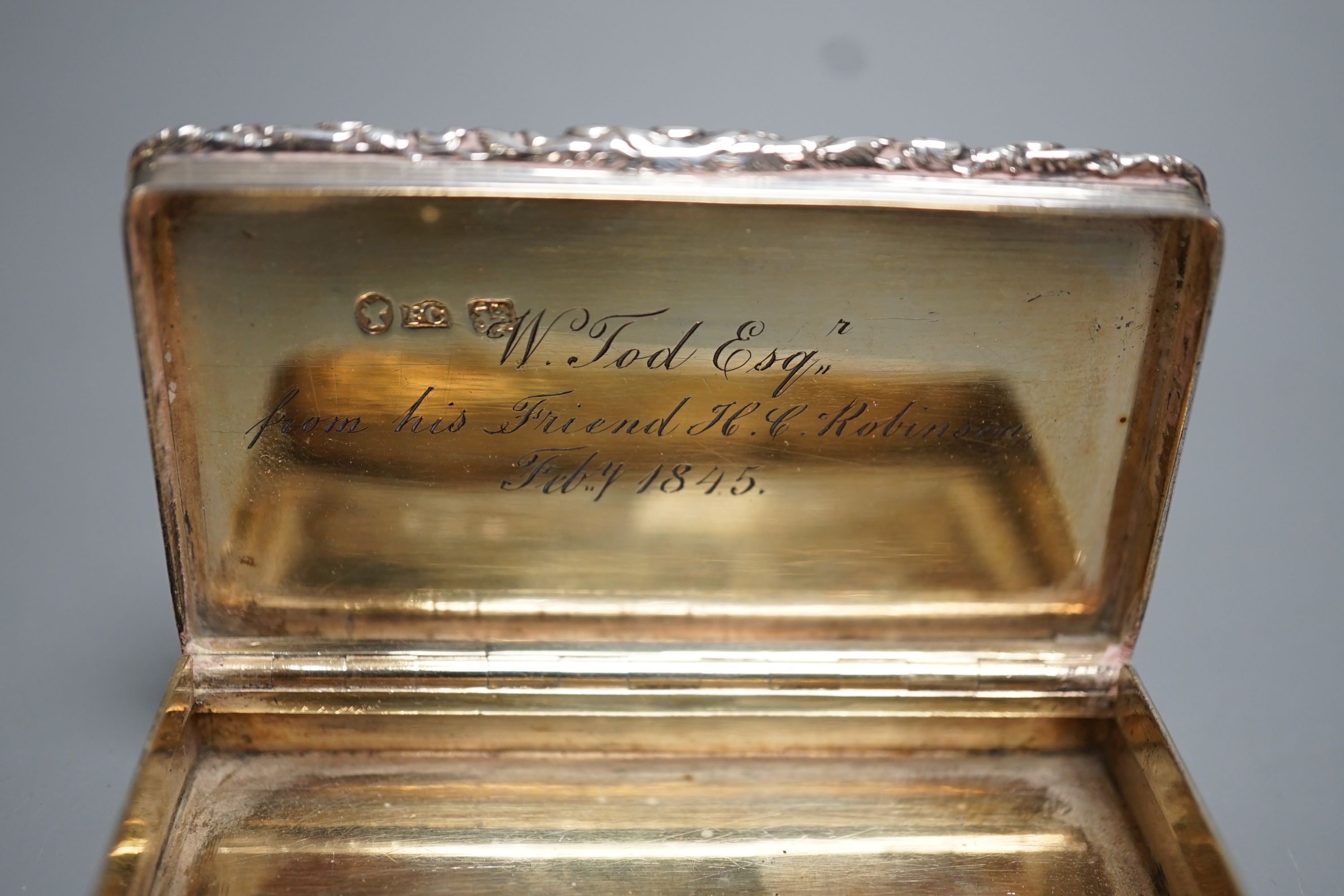 An early Victorian silver rectangular snuff box, with interior presentation inscription, Francis Clark, Birmingham, 1842, 82mm.